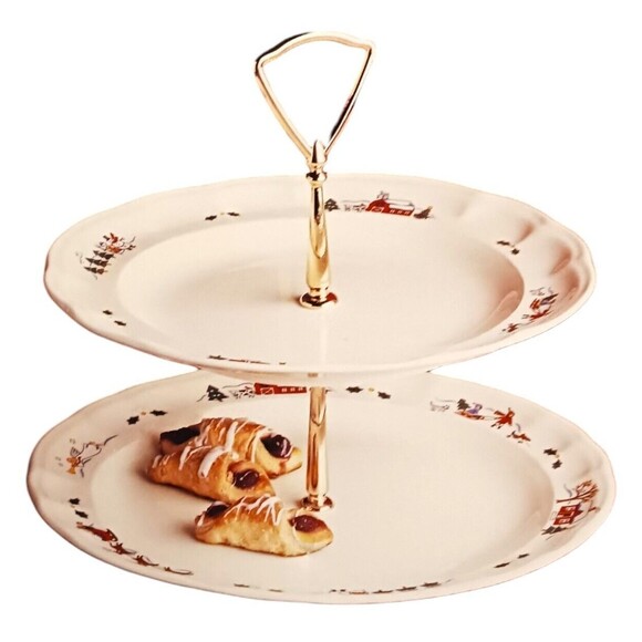 NEW Vintage 1996 Pfaltzgraff Snow Village 2 Tiered Serving Platter Tray USA Made - Picture 4 of 10